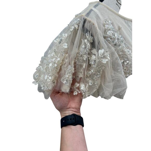 Mac Duggal 20362 Nude Embellished Flutter Sleeve Bow Waist A-Line Gown size 6 - Picture 5 of 14